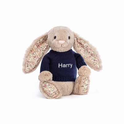 Jellycat Blossom Bea Beige Bunny with Navy Jumper New Zealand | XVNIR8504